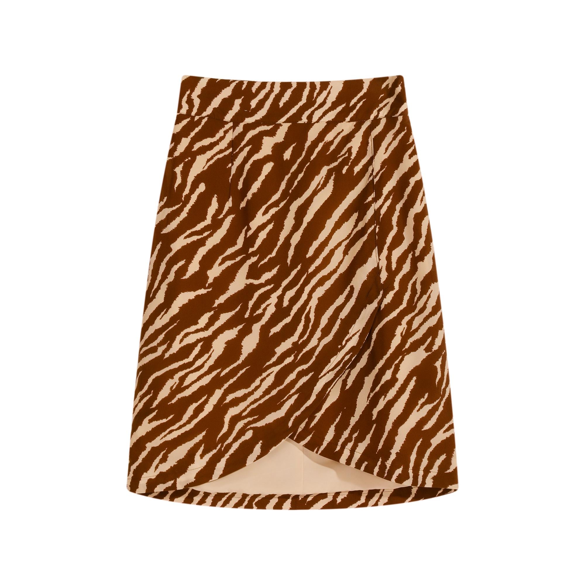 Zebra Print Wrap Skirt, Brown White, Natural-Fiber Blend, Boho Midi Skirt for Summer Outfits