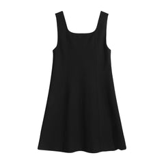 Black Button-Front Mini Dress, Natural-Fiber Blend, Sleeveless Retro Shift Dress with Gold Accents