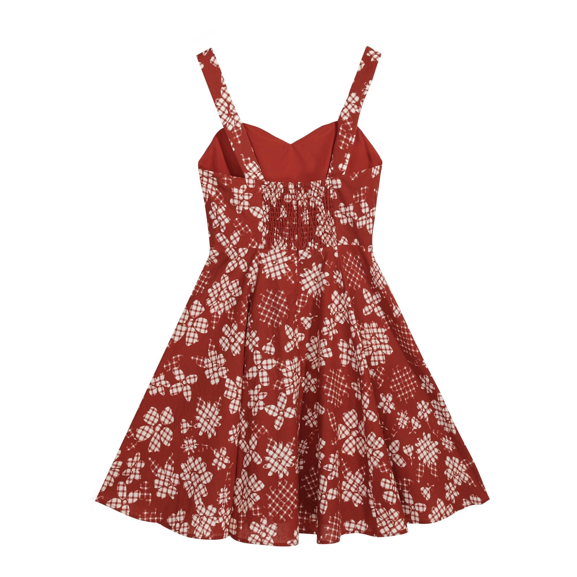 Rust Red Floral Sundress, Natural-Fiber Blend, Boho Fit and Flare Summer Dress