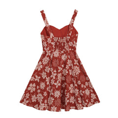 Rust Red Floral Sundress, Natural-Fiber Blend, Boho Fit and Flare Summer Dress