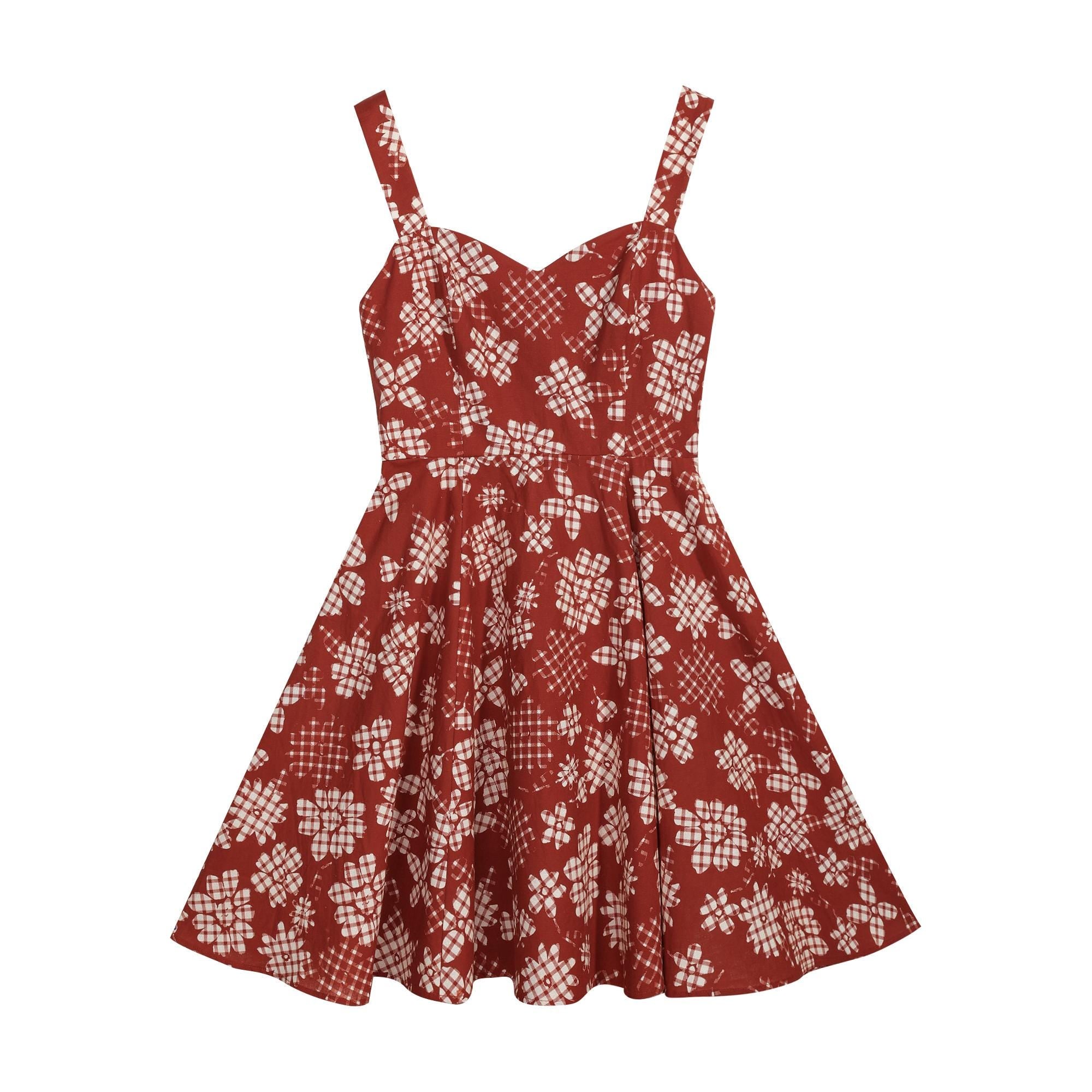 Rust Red Floral Sundress, Natural-Fiber Blend, Boho Fit and Flare Summer Dress