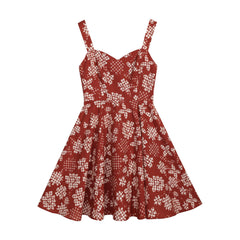 Rust Red Floral Sundress, Natural-Fiber Blend, Boho Fit and Flare Summer Dress