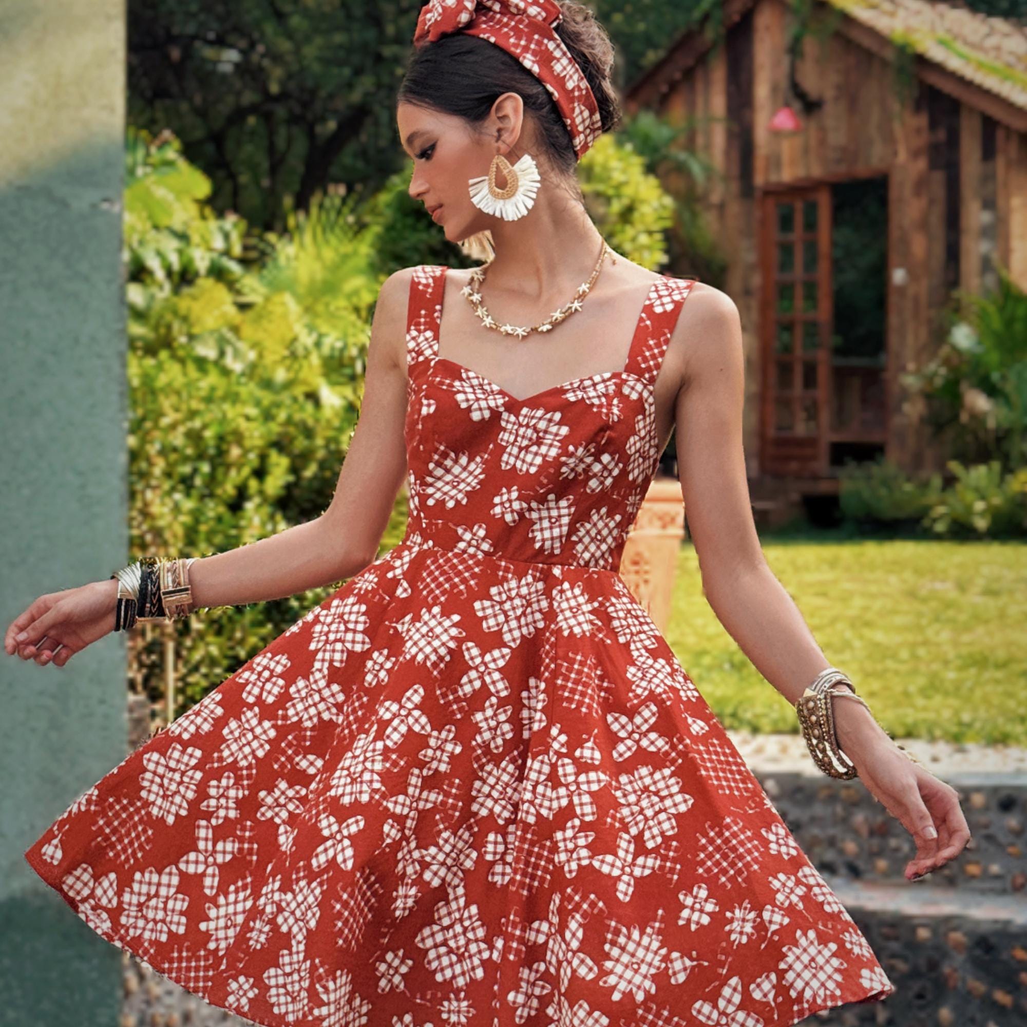 Rust Red Floral Sundress, Natural-Fiber Blend, Boho Fit and Flare Summer Dress