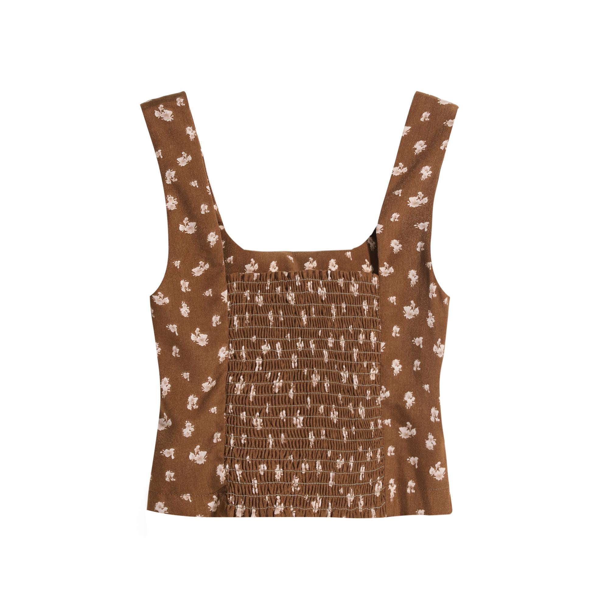 Brown Floral Bow Crop Top, Natural-Fiber Blend, Boho Summer Tank Top