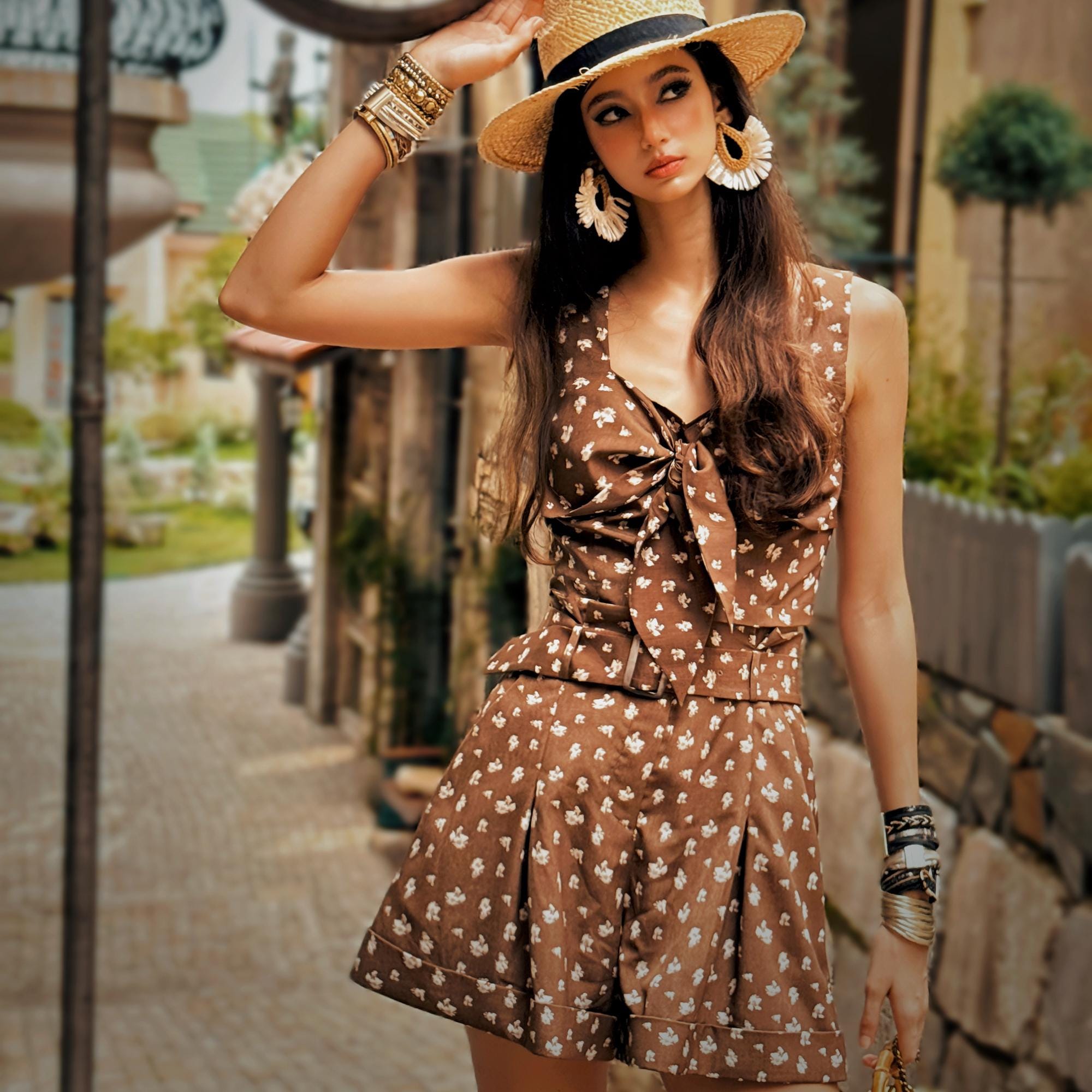 Brown Floral Bow Crop Top, Natural-Fiber Blend, Boho Summer Tank Top