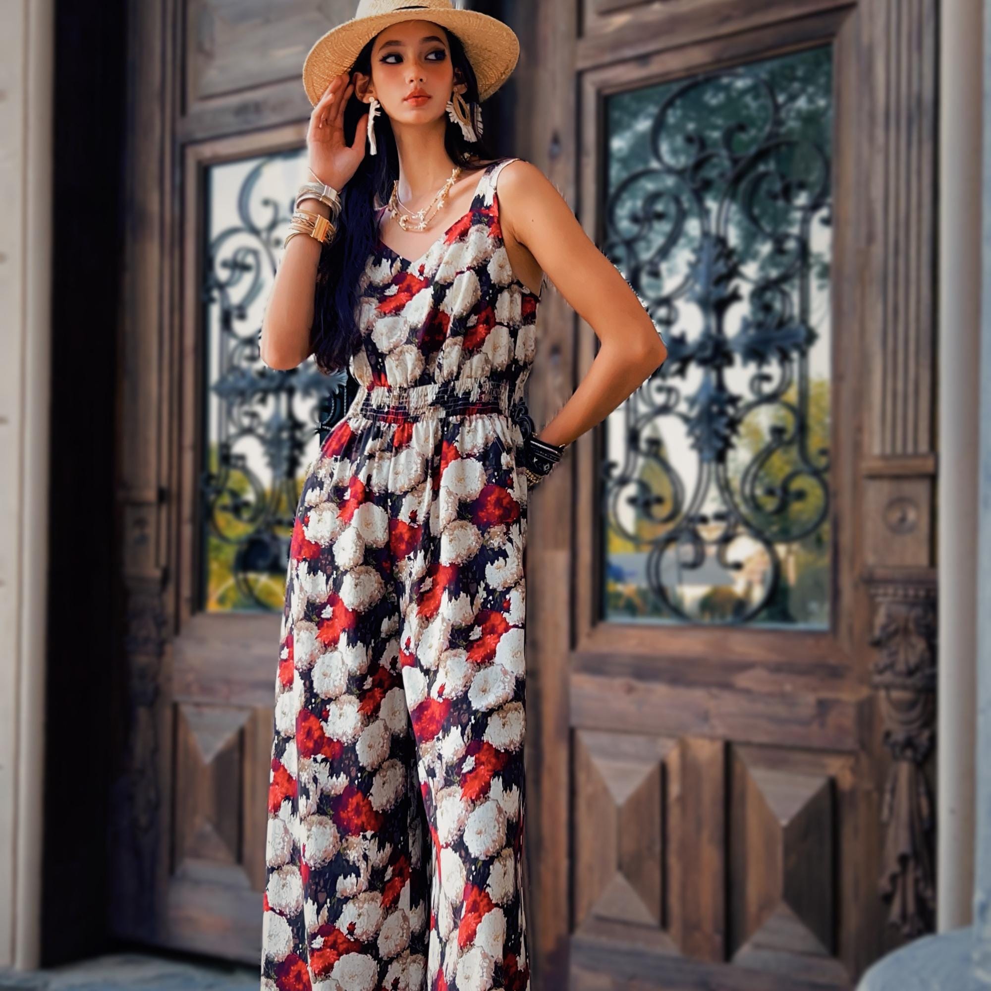 Floral Wide Leg Jumpsuit | Linen-Blend Summer Romper | Boho Sleeveless Vacation Outfit