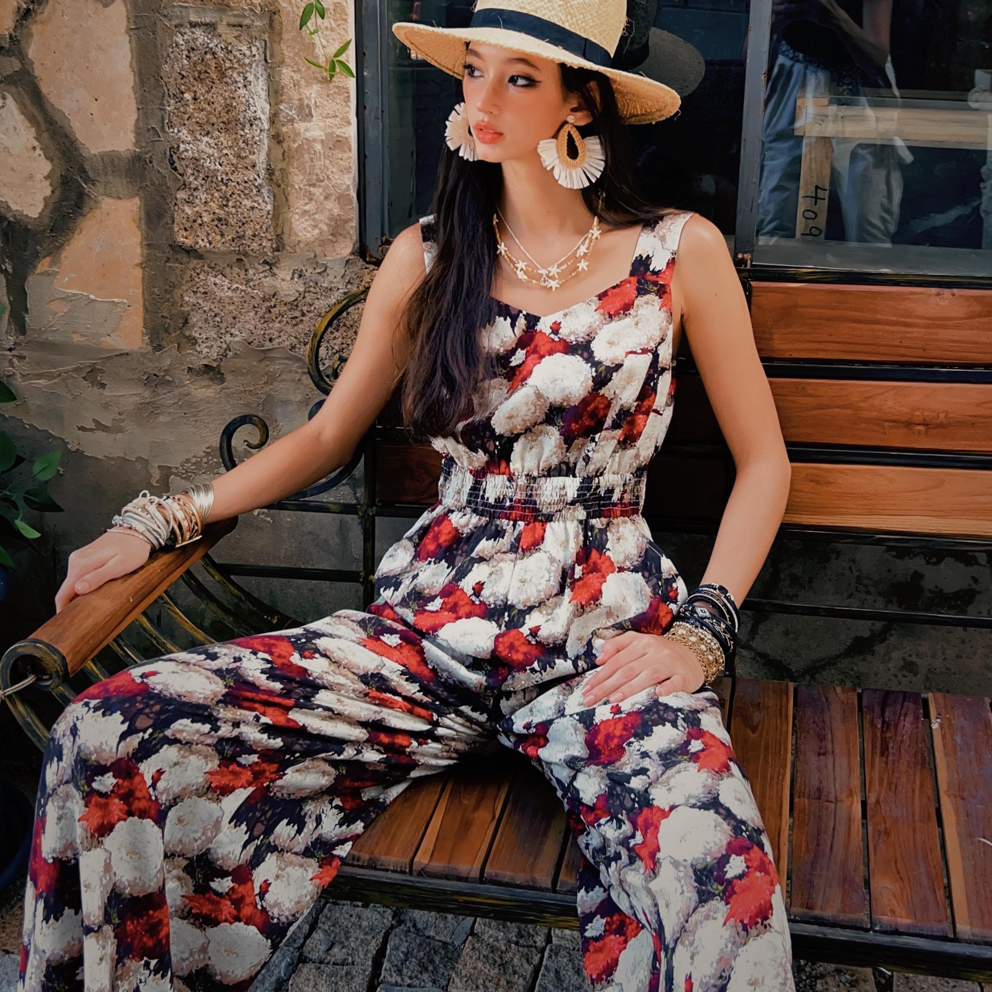 Floral Wide Leg Jumpsuit | Linen-Blend Summer Romper | Boho Sleeveless Vacation Outfit