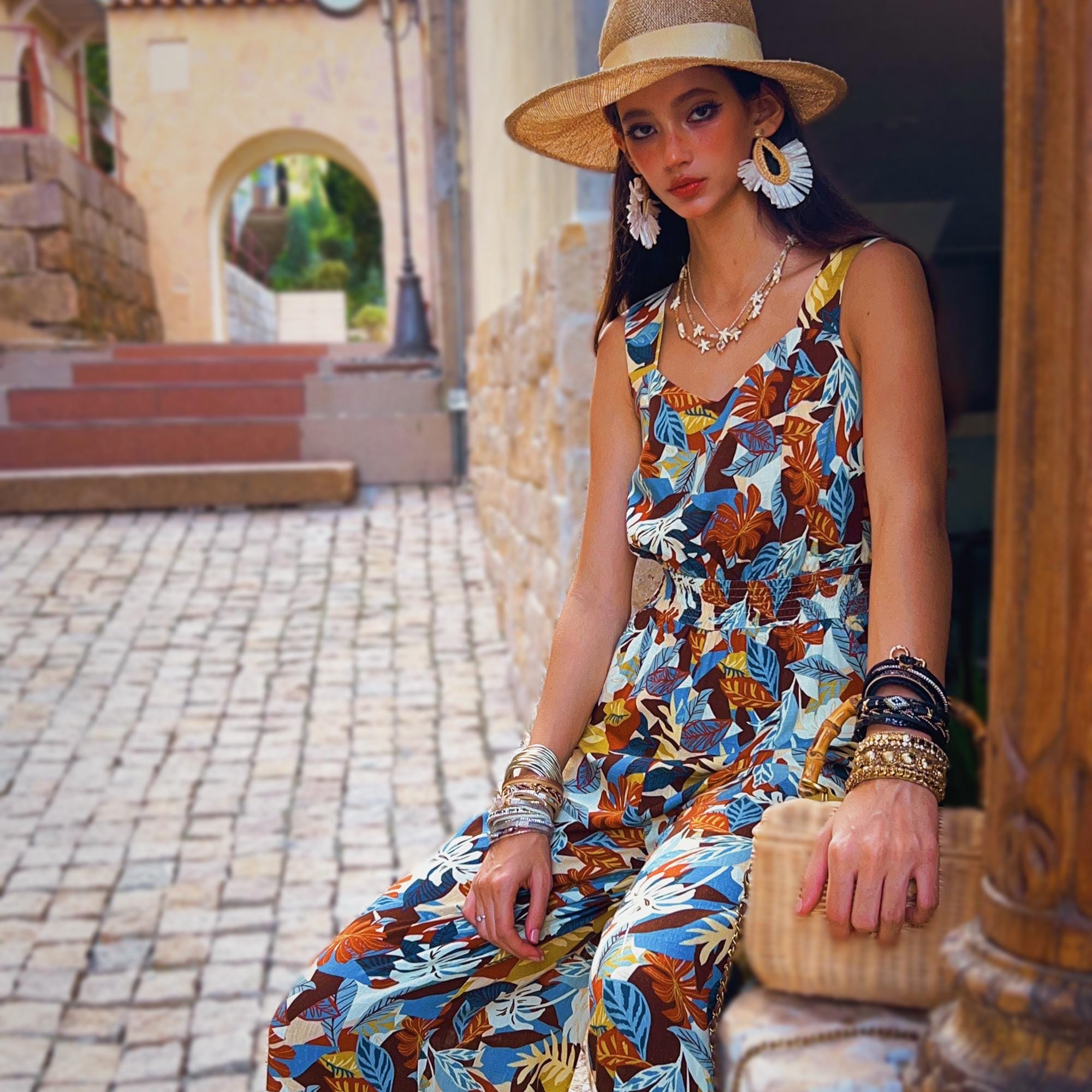 Tropical Leaf Palazzo Jumpsuit | Island Luxe Wide-Leg One-Piece | Boho Chic Resort Outfit + Plus-Size Options