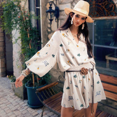 Linen-Blend Boho Floral Print Peasant Blouse with Balloon Sleeves