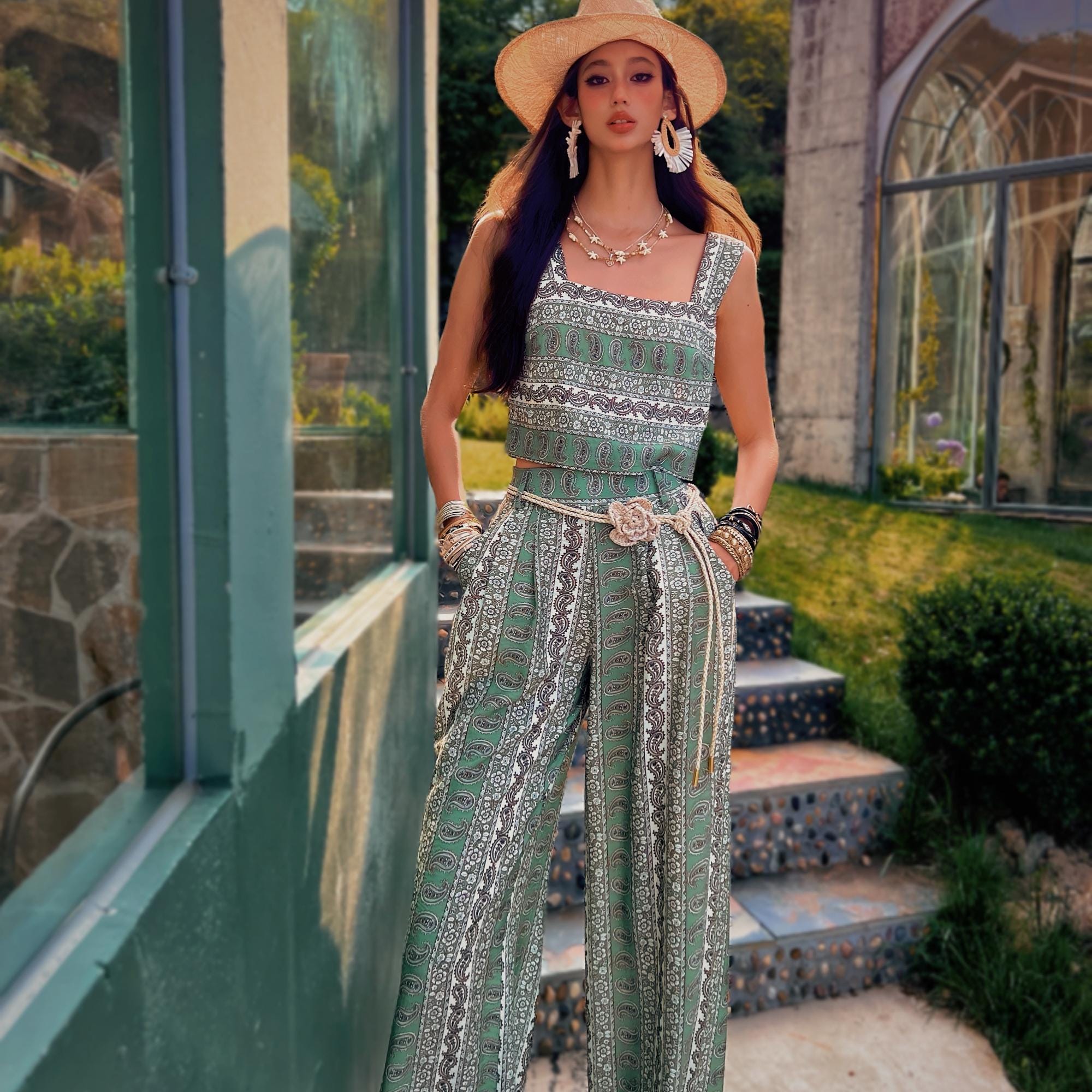 Linen-Blend Boho Wide Leg Pants in Vintage Paisley Print, High Waist Relaxed Fit Trousers