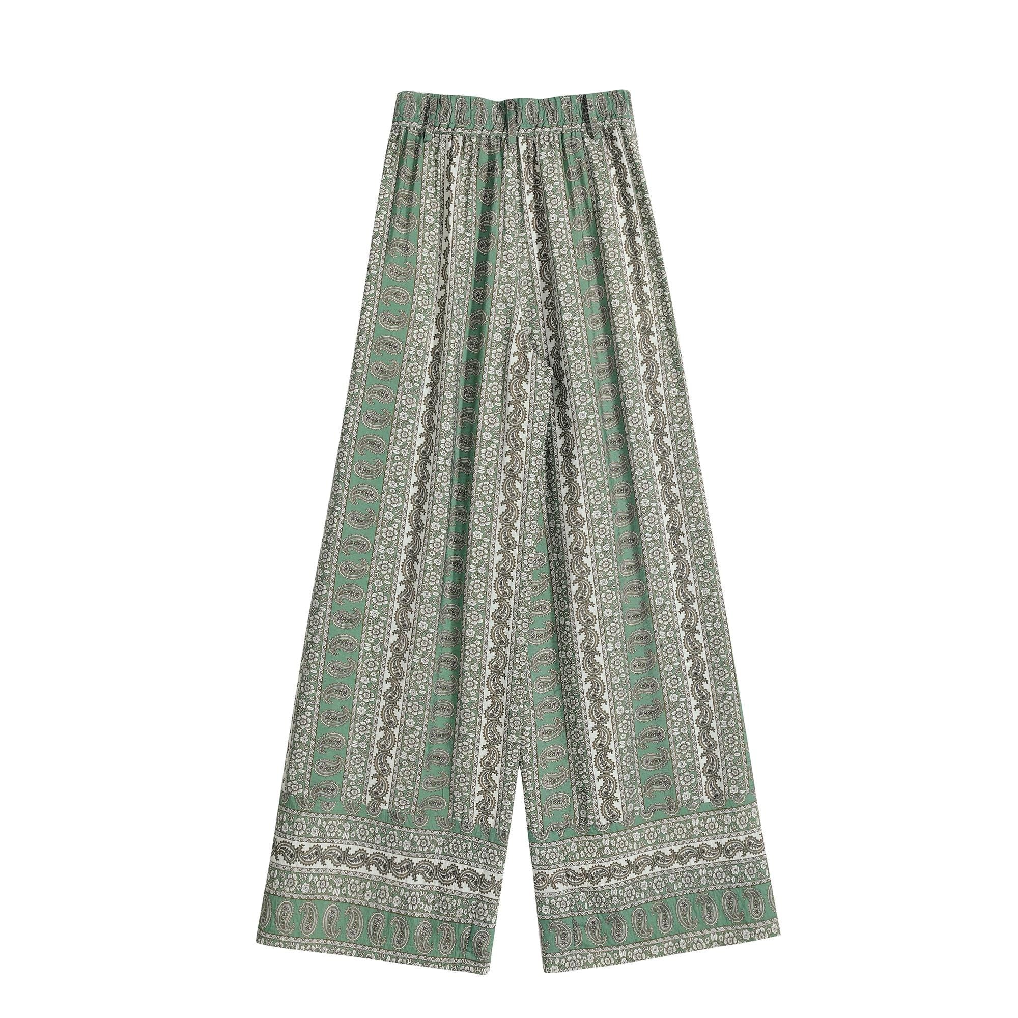 Linen-Blend Boho Wide Leg Pants in Vintage Paisley Print, High Waist Relaxed Fit Trousers