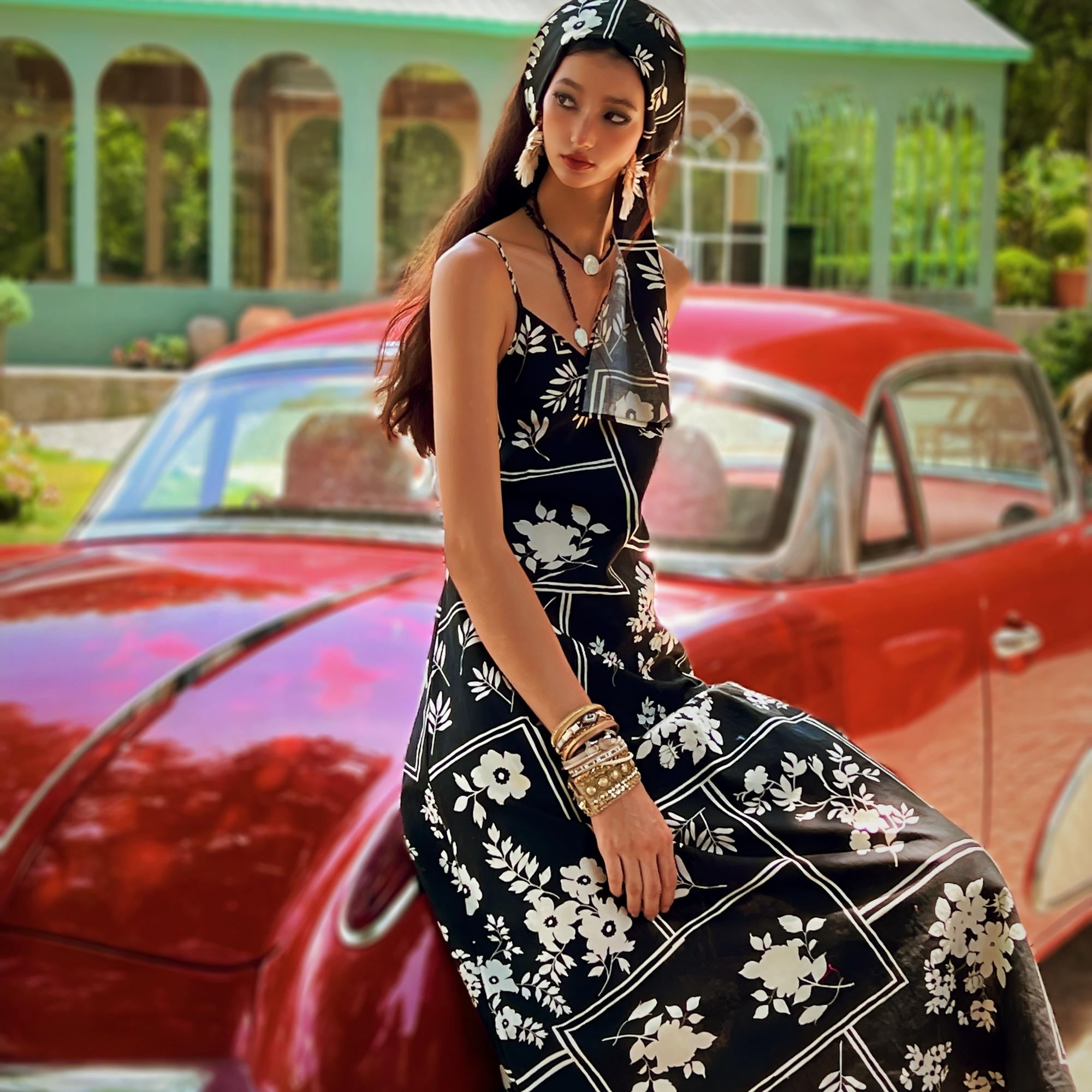 Black Floral Patchwork Maxi Dress | Spaghetti Strap Boho Summer Slip Dress