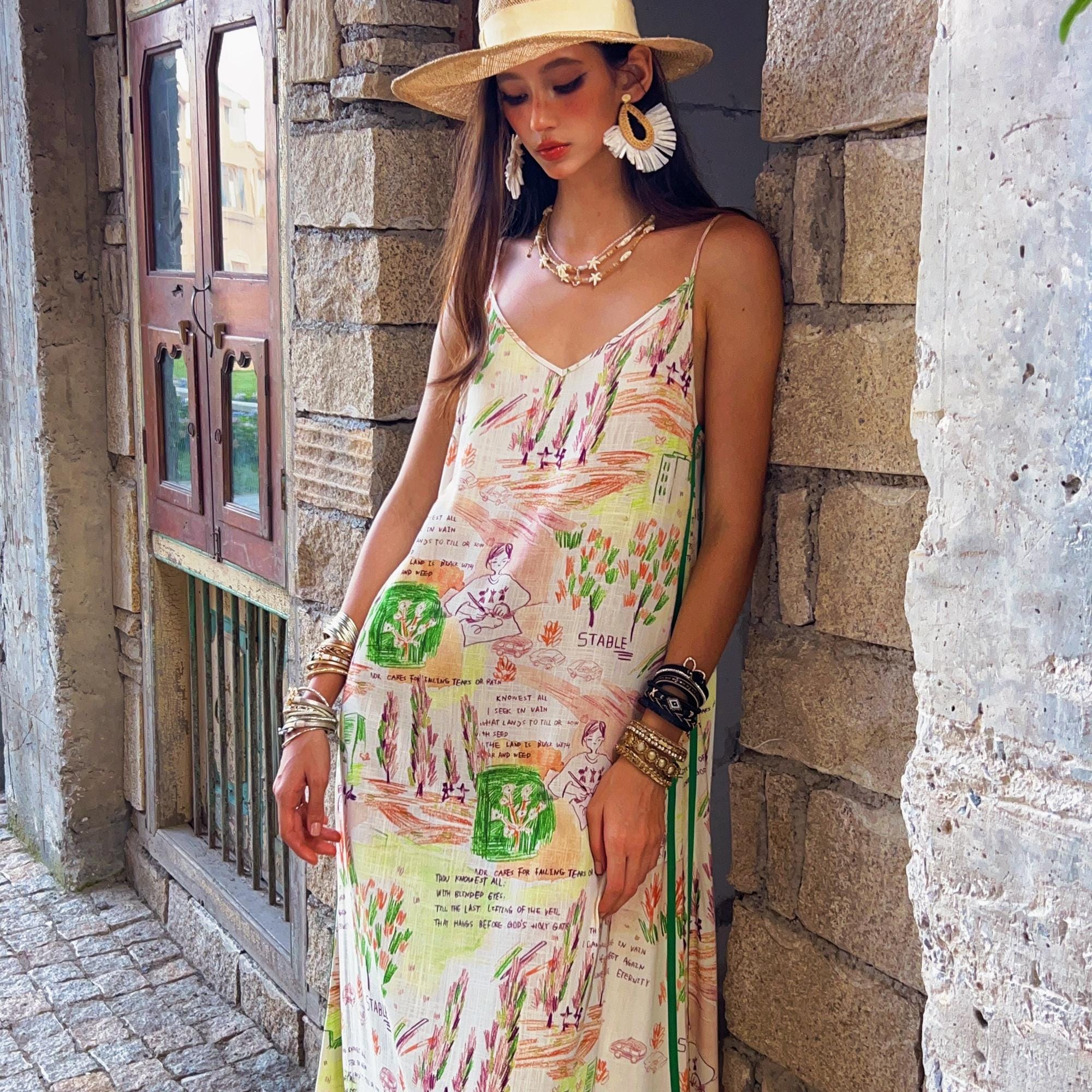 Boho Maxi Slip Dress | Printed Spaghetti Strap Summer Sundress