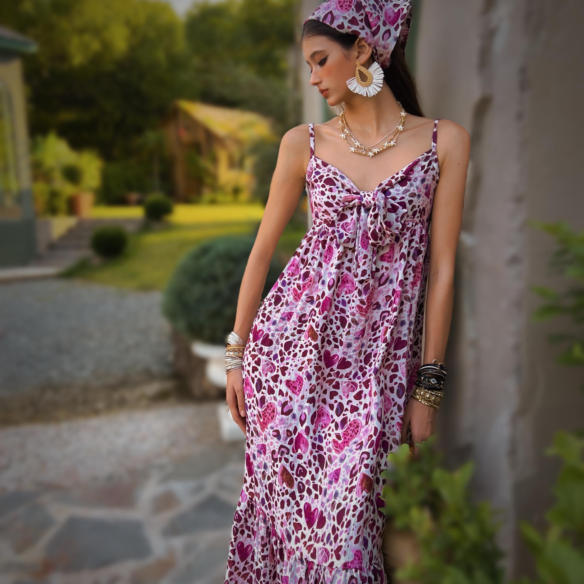 Pink Heart Print Maxi Dress | Spaghetti Strap Tie-Front Boho Summer Dress