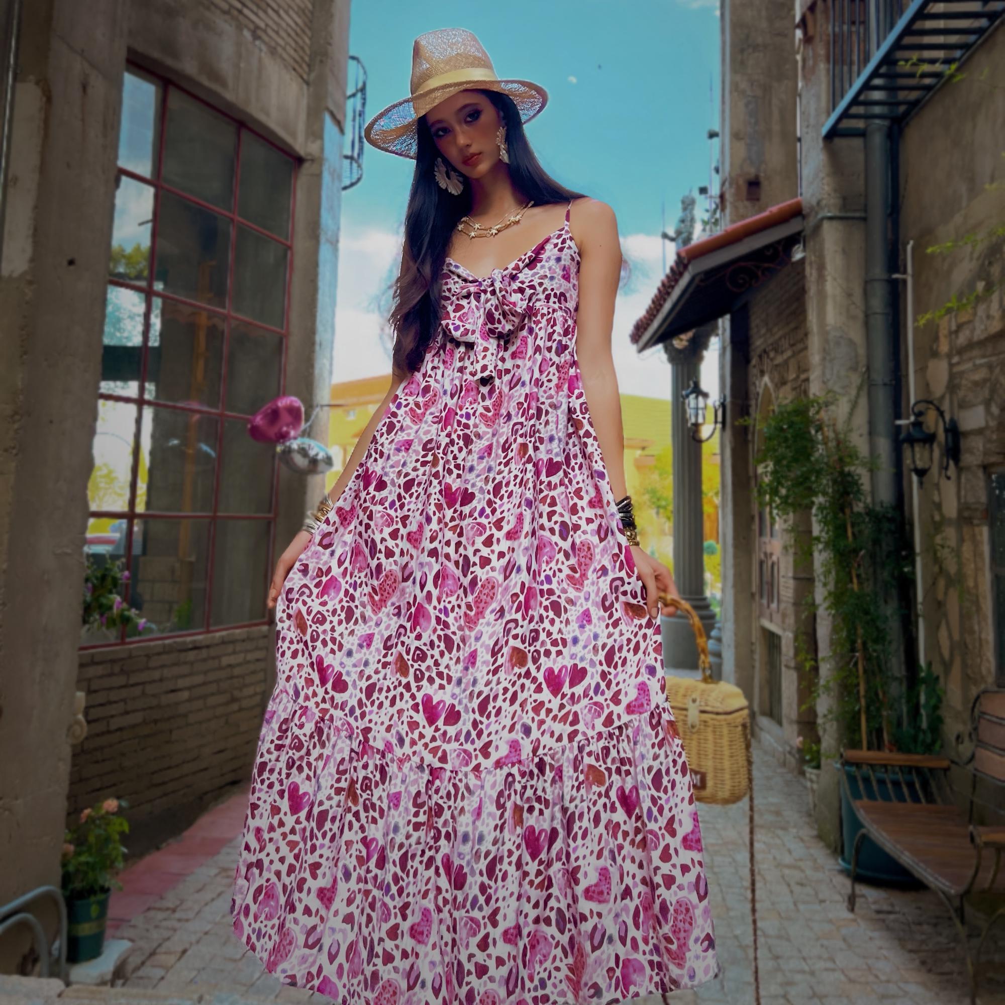 Pink Heart Print Maxi Dress | Spaghetti Strap Tie-Front Boho Summer Dress