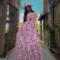 Pink Heart Print Maxi Dress | Spaghetti Strap Tie-Front Boho Summer Dress