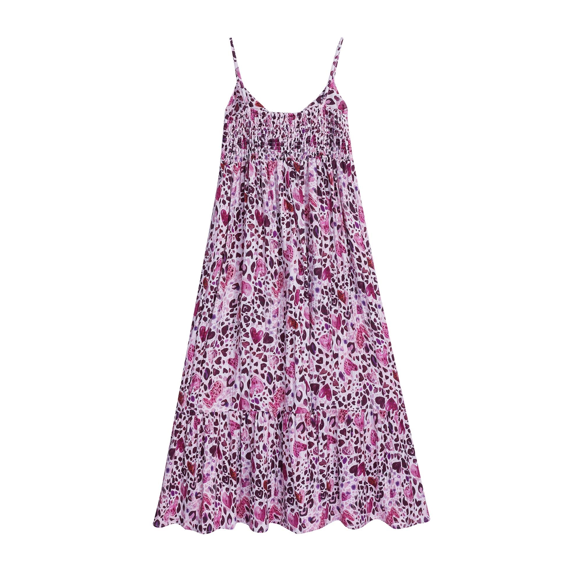 Pink Heart Print Maxi Dress | Spaghetti Strap Tie-Front Boho Summer Dress