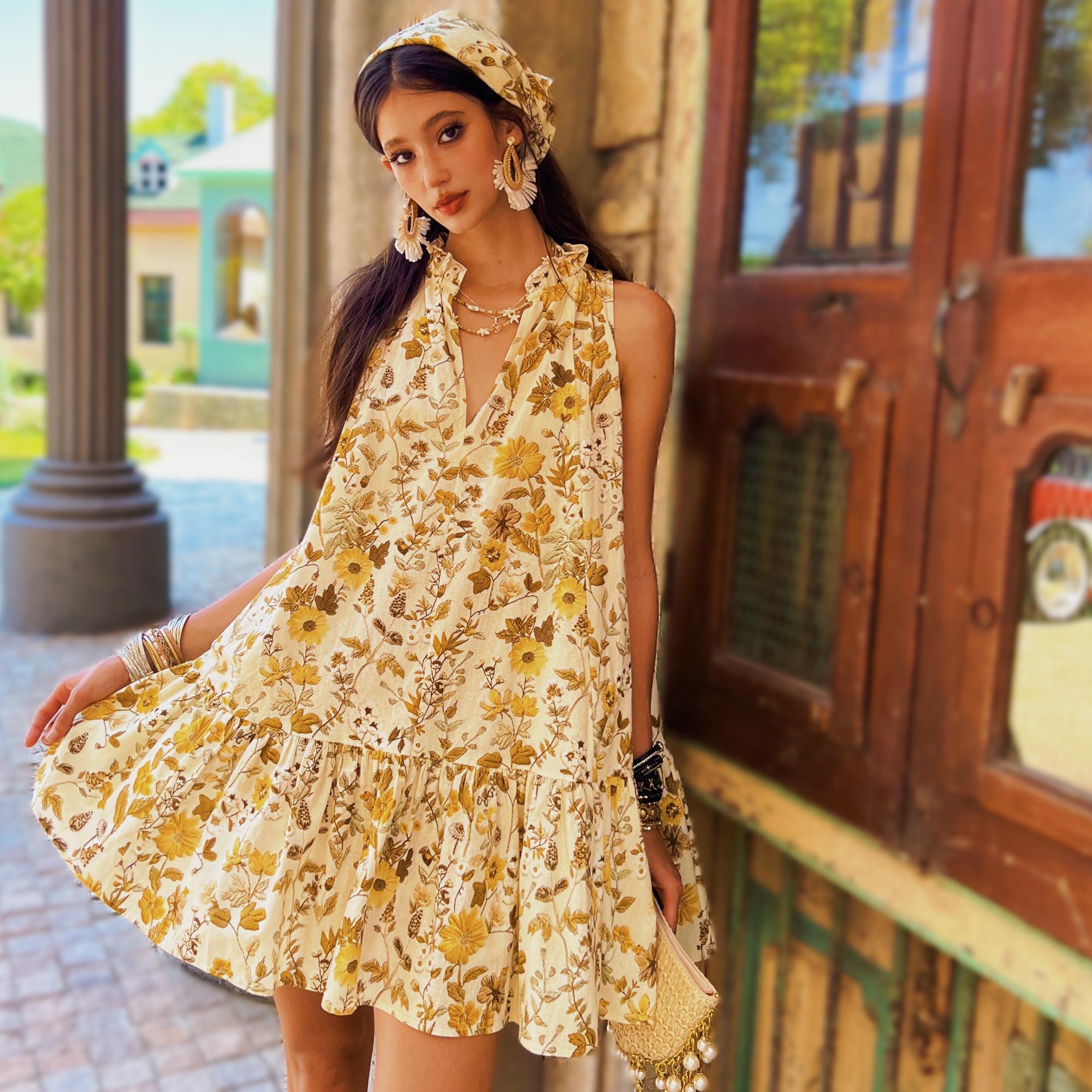 Daisy Print Mini Dress | Puff Sleeve | Navy Floral Summer Boho A-Line | Sweetheart Ruched Tie