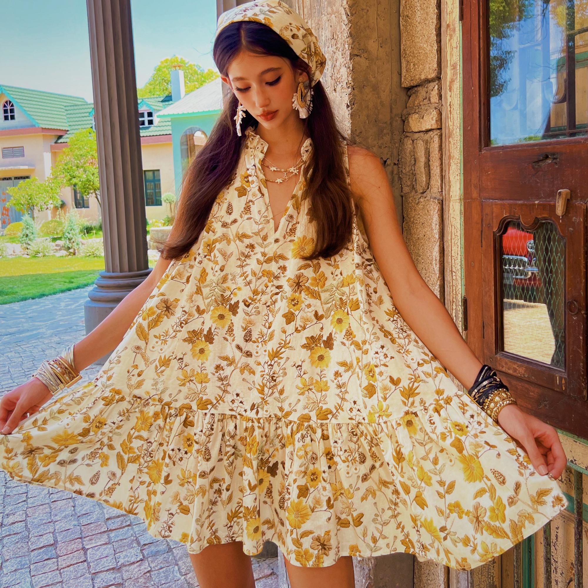Daisy Print Mini Dress | Puff Sleeve | Navy Floral Summer Boho A-Line | Sweetheart Ruched Tie