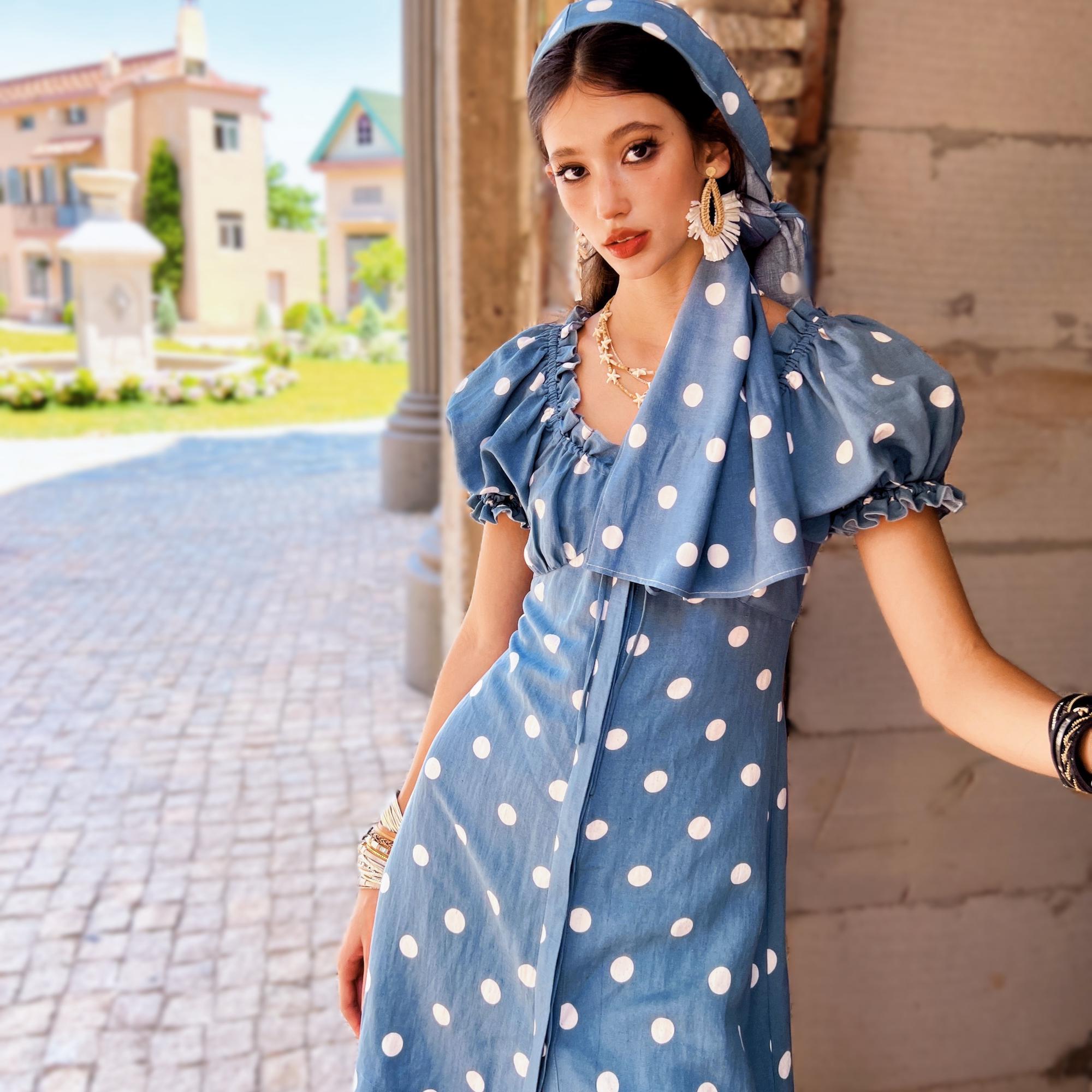 Womens Polka-Dot Puff-Sleeve Dress for Summer Events Dabuwawa Womens Polka-Dot Puff-Sleeve Dress for Summer Events Dabuwawa