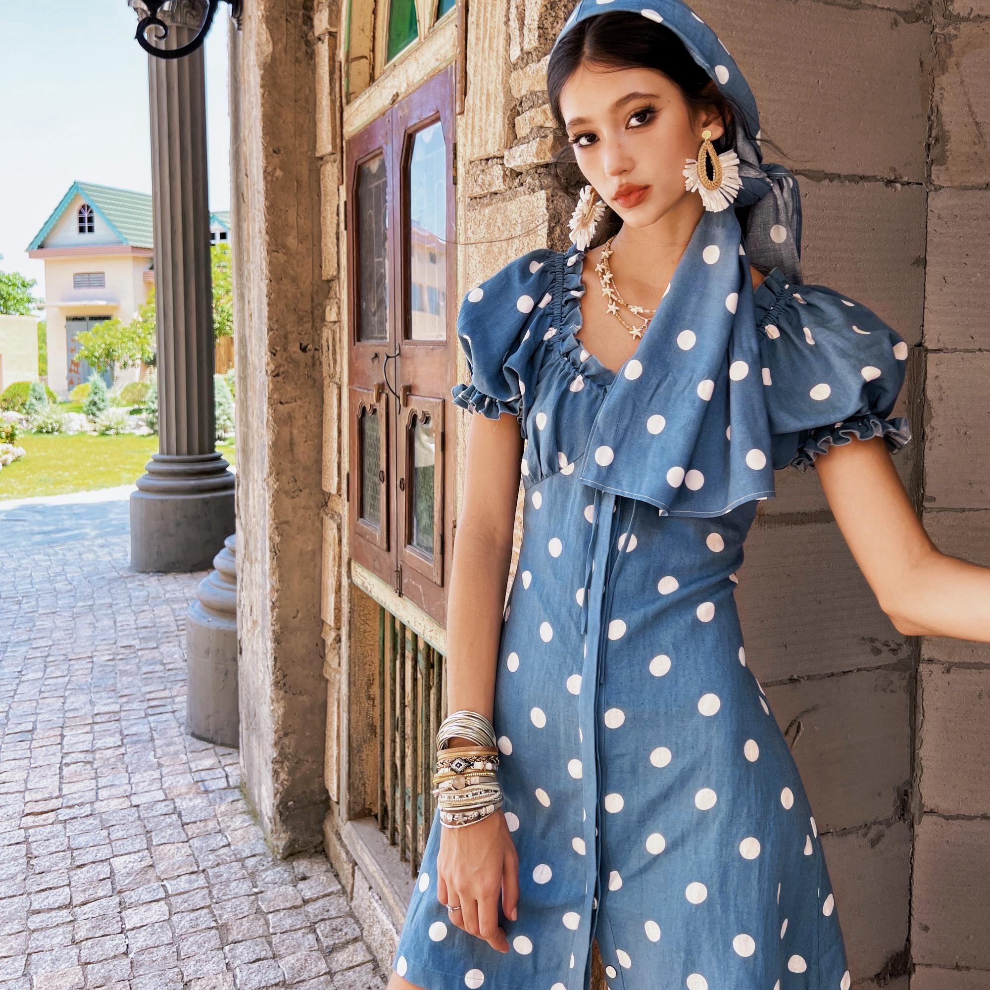 Womens Polka-Dot Puff-Sleeve Dress for Summer Events Dabuwawa Womens Polka-Dot Puff-Sleeve Dress for Summer Events Dabuwawa