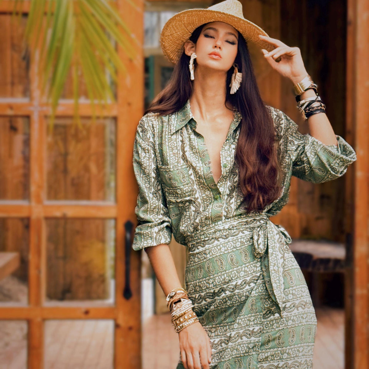 Summer wear silk skirt vibe — green paisley wrap boho skirt