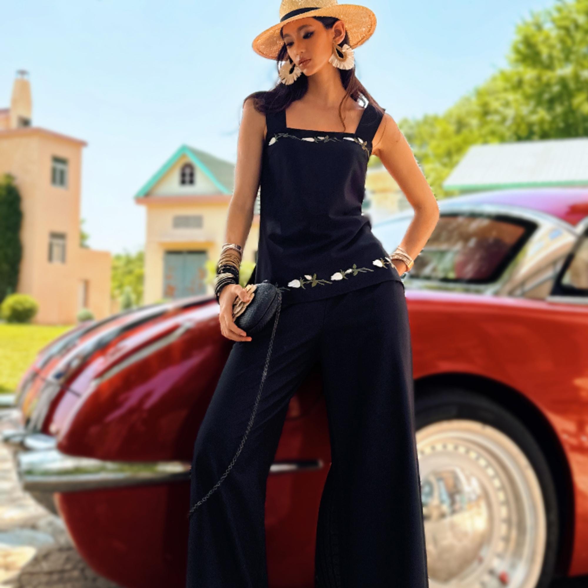 Wide Leg Black Pants Natural-Fiber Blend, Floral Embroidered Palazzo Trousers, Boho High Waist Summer Pants