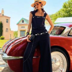 Wide Leg Black Pants Natural-Fiber Blend, Floral Embroidered Palazzo Trousers, Boho High Waist Summer Pants