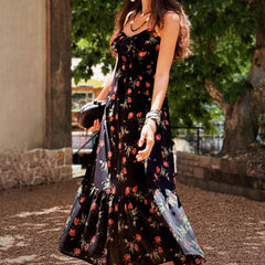 Boho Black Floral Maxi Dress, Natural-Fiber Blend Summer Sundress, Spaghetti Strap Flowy Maxi with Rose Print