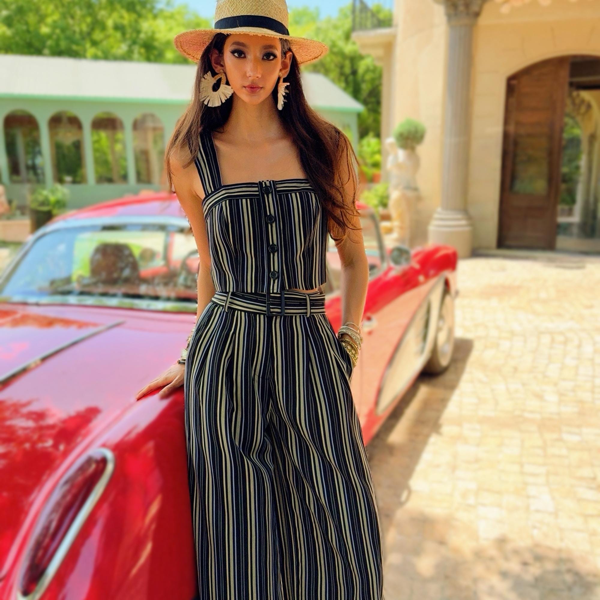 Boho Striped Crop Top, Natural-Fiber Blend Summer Bustier, Wide Strap Button Front Cropped Top