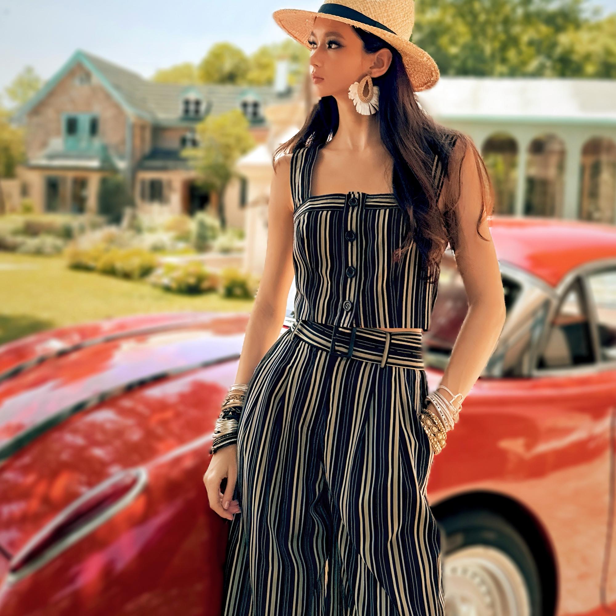 Boho Striped Crop Top, Natural-Fiber Blend Summer Bustier, Wide Strap Button Front Cropped Top