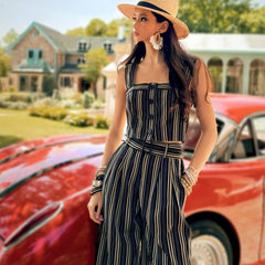 Boho Striped Crop Top, Natural-Fiber Blend Summer Bustier, Wide Strap Button Front Cropped Top