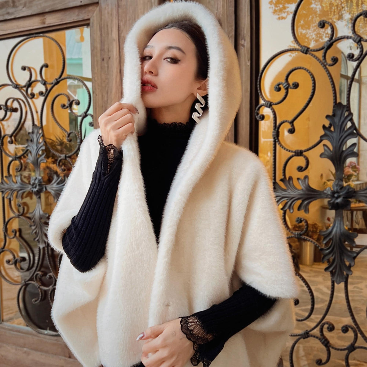 Cozy Ivory Hooded Cape Poncho for Women | Plush Winter Wrap