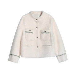 French Chic Ivory Boucle Jacket with Scallop Trim Pockets