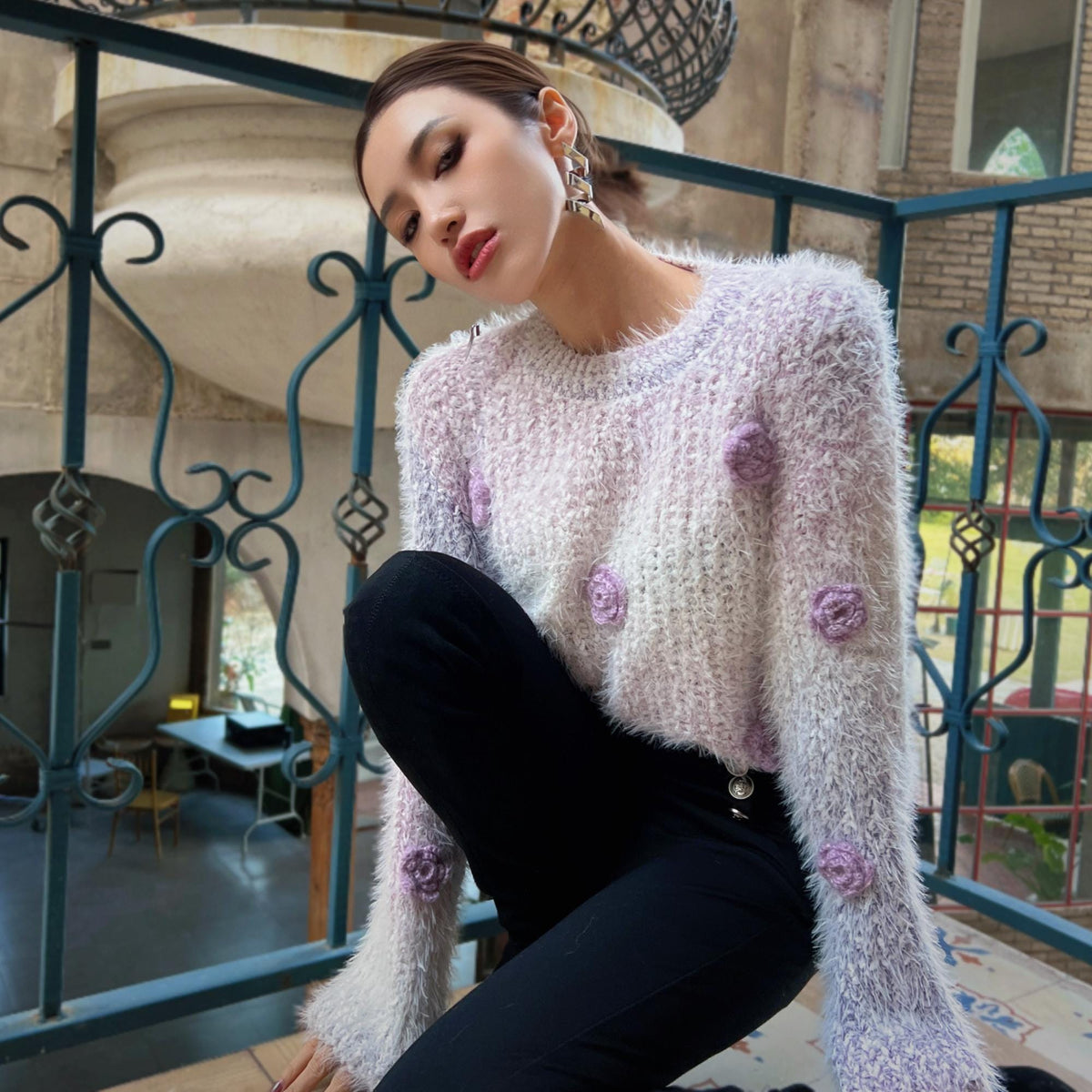 Womens Pastel Fuzzy Sweater, Lilac Ombre 3D Flower Jumper One Size