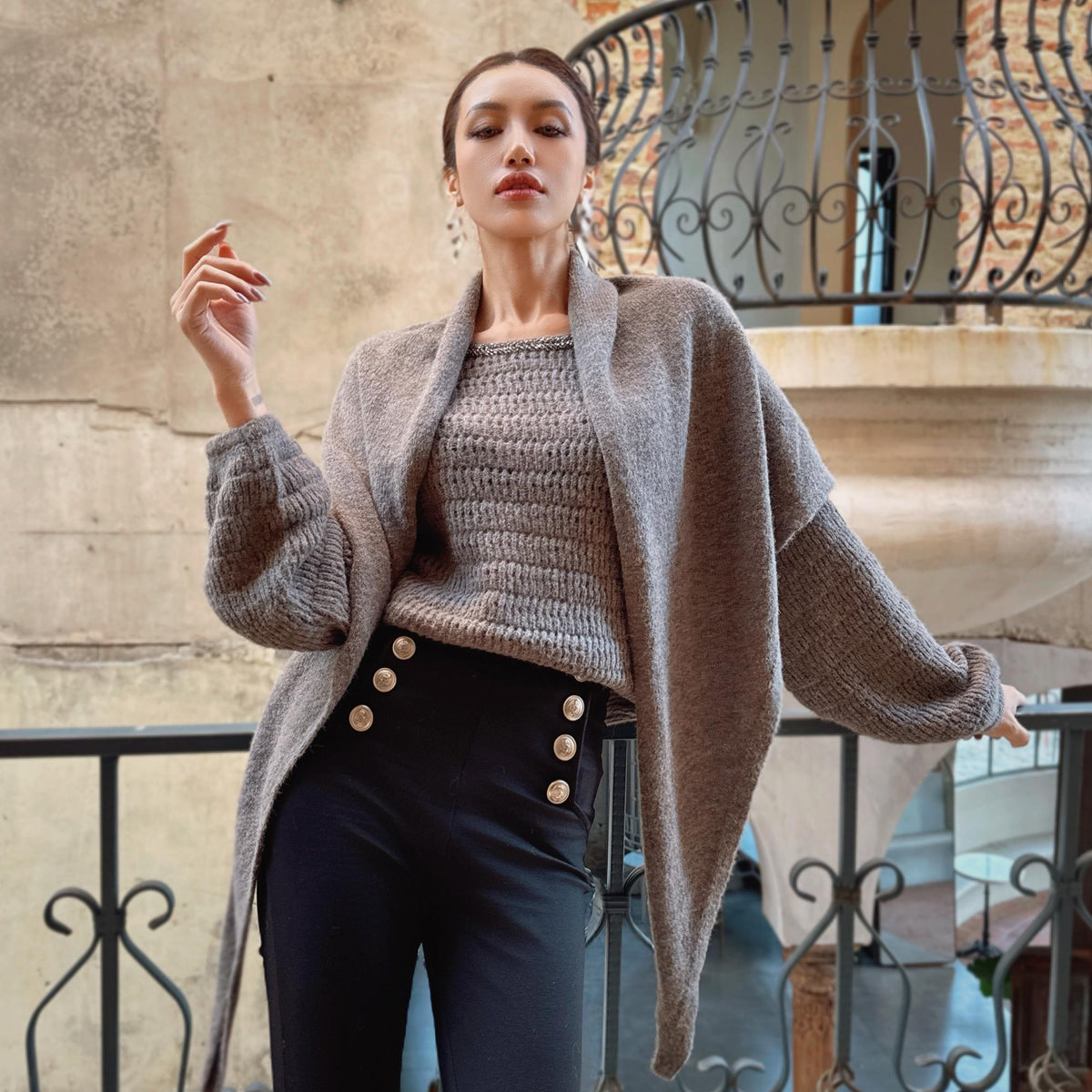 Fall Winter Grey Shawl Sweater with Tie Neck, One Size