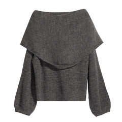 Fall Winter Grey Shawl Sweater with Tie Neck, One Size