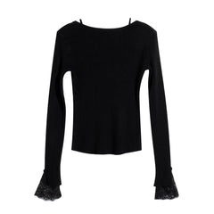 Lace Trim Ribbed Knit Top, Slim Long Sleeve Layering Tee in Black or Ivory