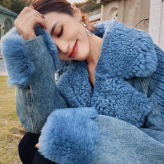 Cozy Winter Festival Denim Coat, Warm Blue Sherpa Jacket for Cold City Nights