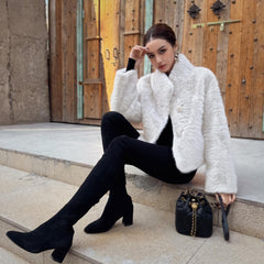 White Faux Fur Coat Women, Short Teddy Jacket with Shawl Collar, Cozy Winter Outerwear