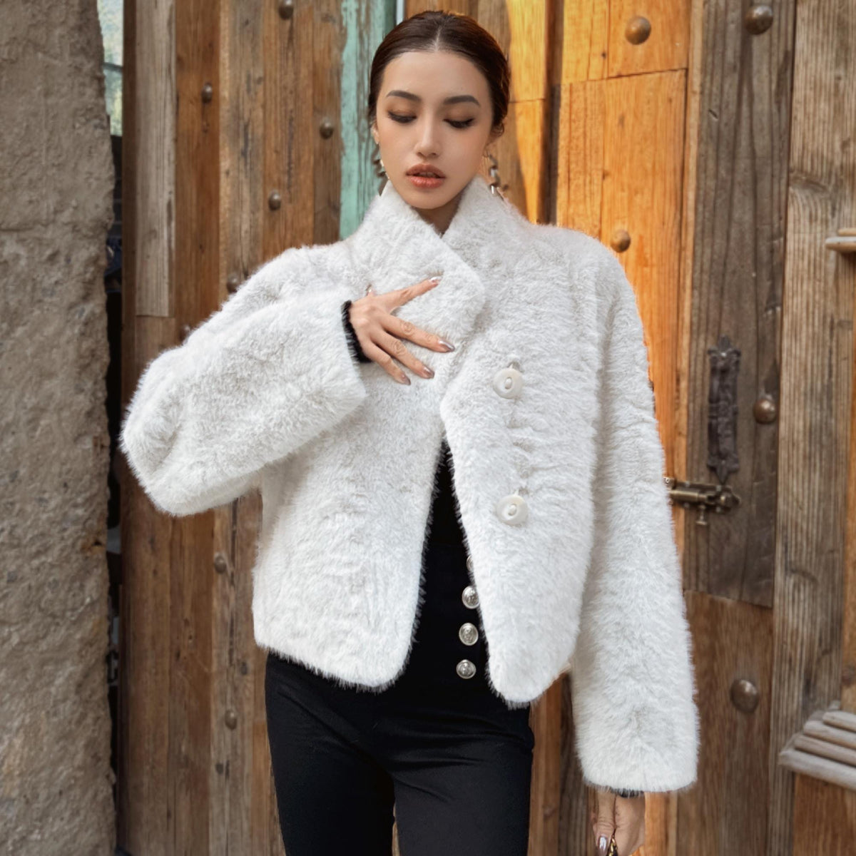 White Faux Fur Coat Women, Short Teddy Jacket with Shawl Collar, Cozy Winter Outerwear