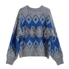 Cozy Academia Blue Argyle Ruffle Cardigan, Soft Knit Statement Jumper