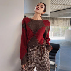Warm Brown Red Argyle Ribbon Sweater, Lace Up Knit Pullover for Women