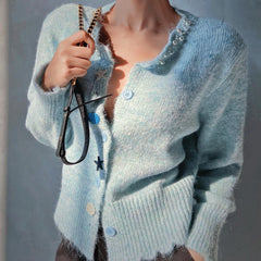 Pastel Blue Cardigan with Seashell Buttons & Pearl Trim