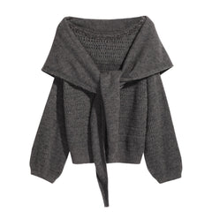 Fall Winter Grey Shawl Sweater with Tie Neck, One Size