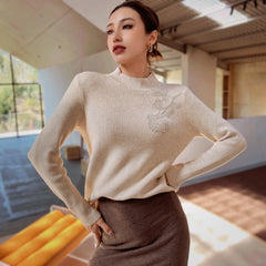 Cream Mock Neck Ribbed Sweater, Floral Detail Winter Layer