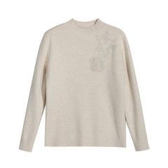 Cream Mock Neck Ribbed Sweater, Floral Detail Winter Layer