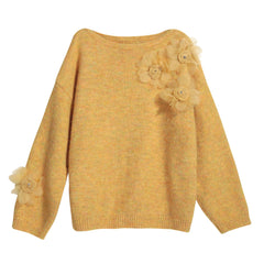 Boatneck Knit Sweater, 3D Rosette Floral Applique, Plum or Mustard