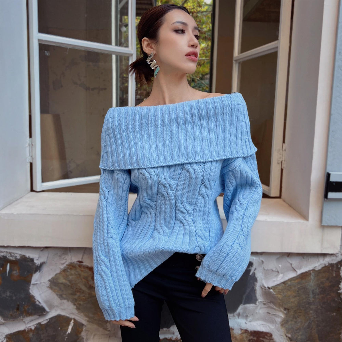 Foldover Cable Knit Pullover: Off-Shoulder Bardot Sweater